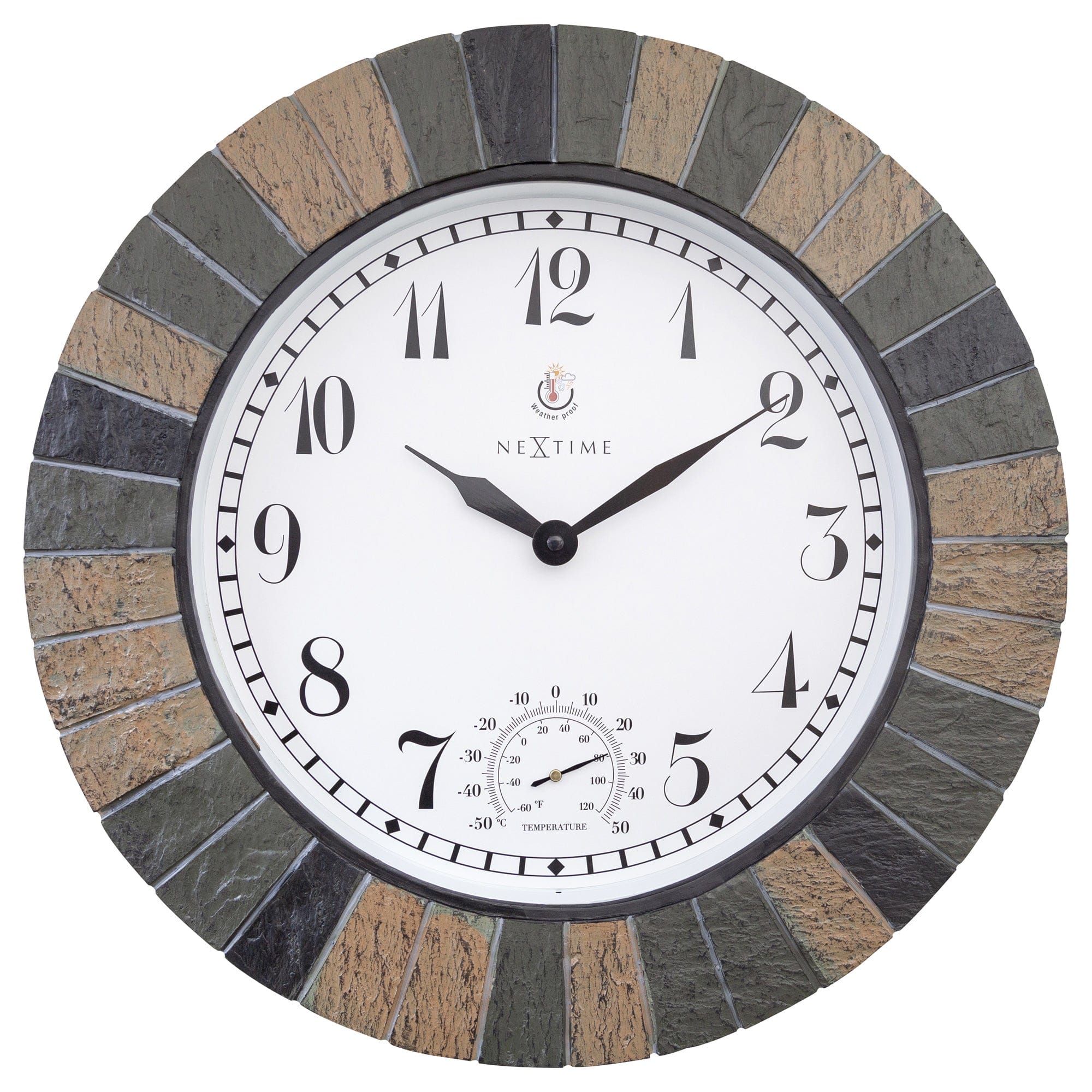 Large NeXtime garden clock with weatherproof polyresin exterior, featuring a thermometer and a 43.5 cm Aster design.